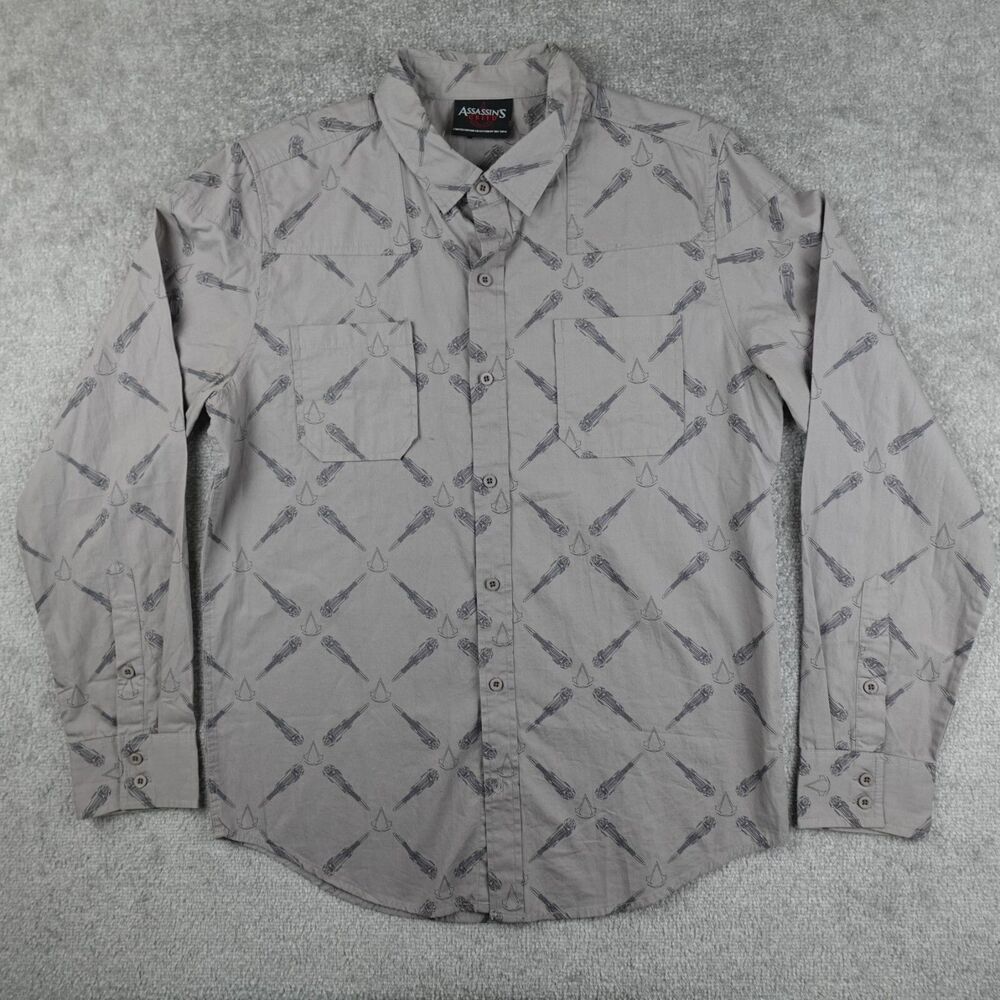 Assassins Creed Shirt Men's M Gray Hidden Blade AOP Button Up Limited Edition
